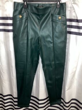 Ann Taylor Dark Green Faux Leather Women’s Pants with Gold Button Accents